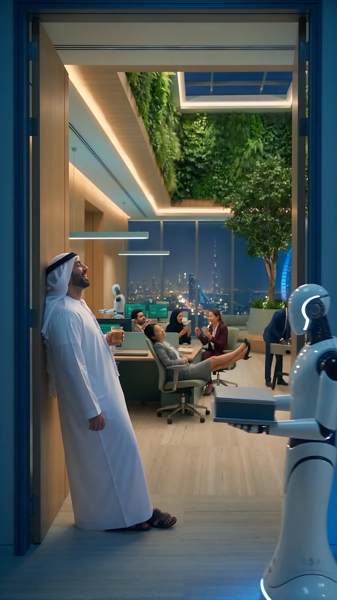 The same office, calm: a relaxed team, a robot assistant and the Dubai skyline at night.