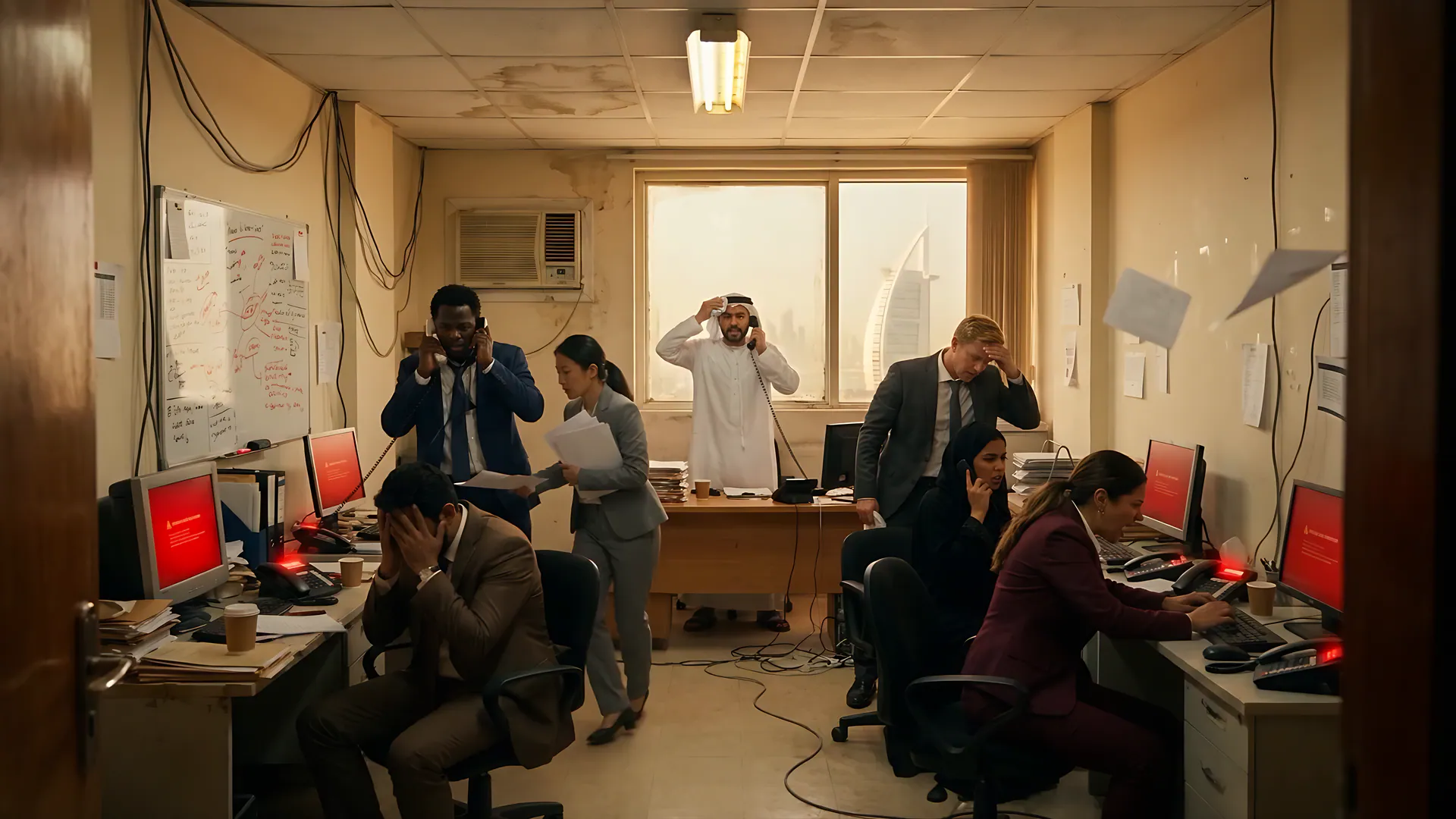 A chaotic office late at night: phones ringing, red error screens and stressed staff.